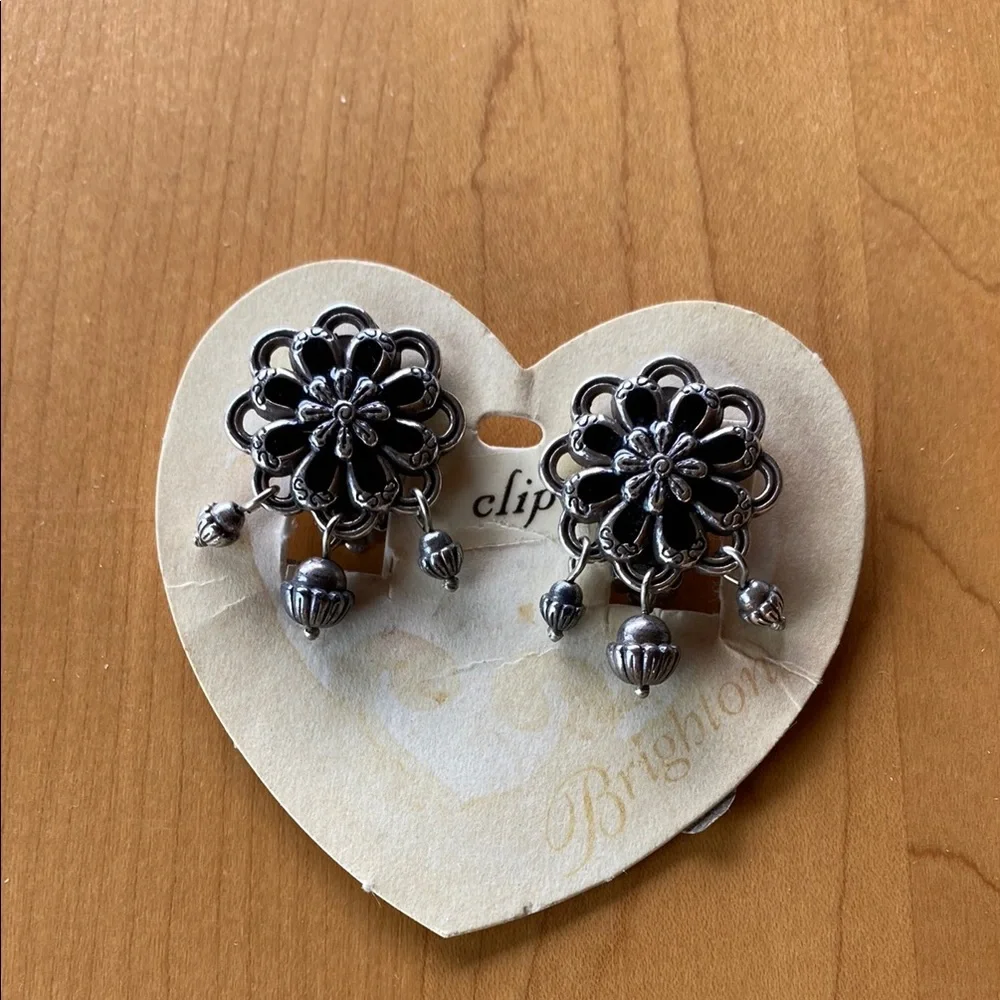 Brighton Black Enamel and Silver Floral Clip Earrings - Picture 1 of 3